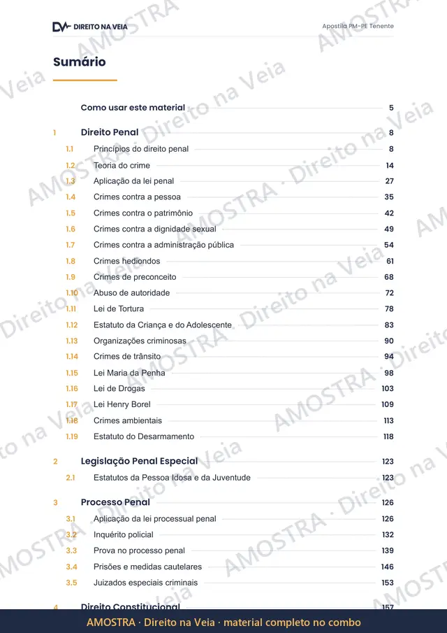 Amostra: Sumário na ordem do edital · Apostila PM-PE Tenente